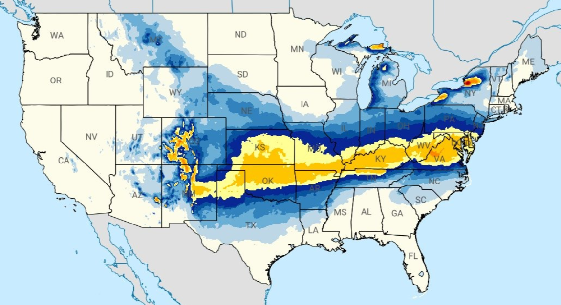 Un mapa con las zonas de pronóstico de nevadas