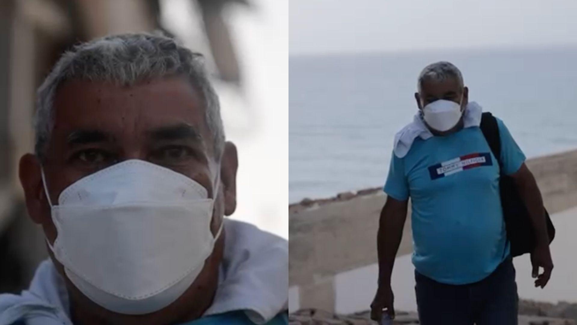 Dos fotos, una solo de la cara y otra de cuerpo casi entero de Jesús, ataviado con una mascarilla, camiseta azul y pantalones. 