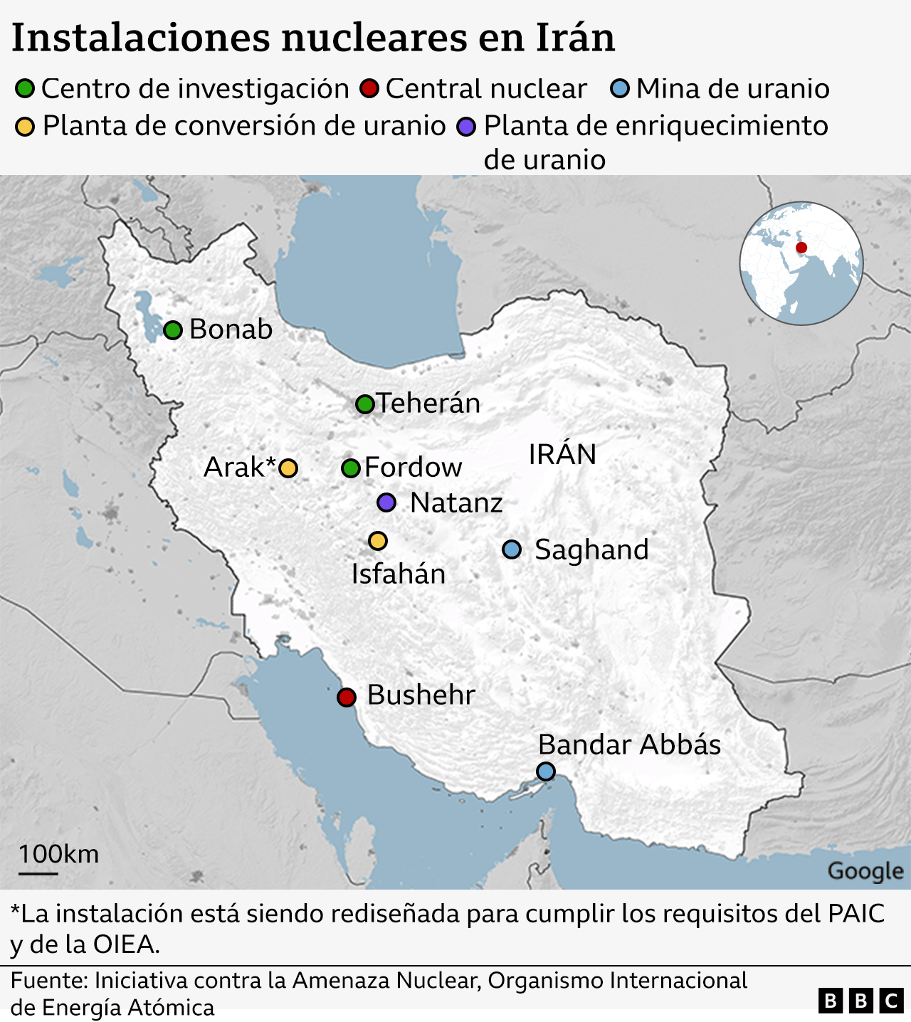 Mapa de las instalaciones nucleares de Irán.