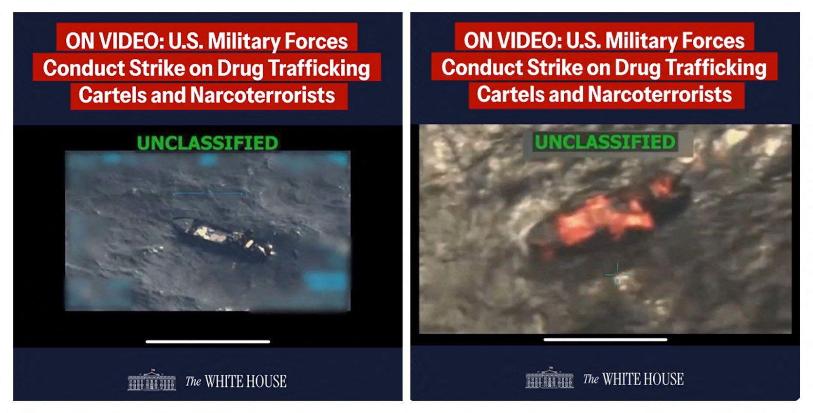 Una imagen combinada muestra dos capturas de pantalla de un video publicado en la cuenta de X de La Casa Blanca, que representa lo que el presidente de EE. UU., Trump, dijo que era un ataque militar de EE. UU. a un barco de un cartel de drogas venezolano.