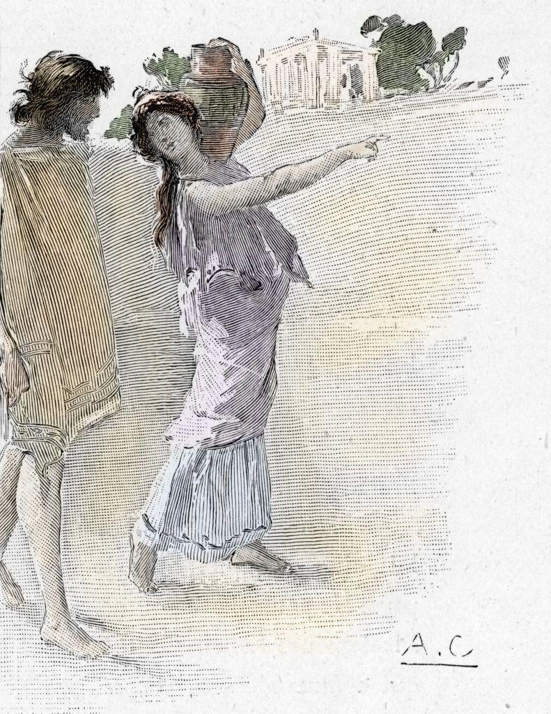 Um desenho mostra uma mulher apontando dire&ccedil;&atilde;o a um homem