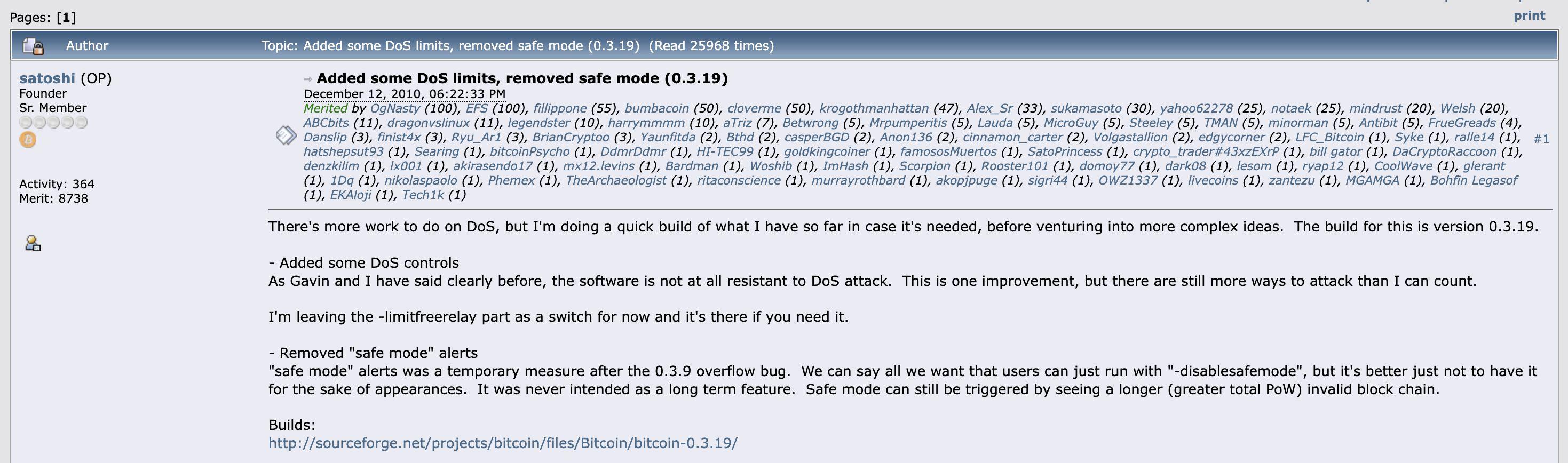 &Uacute;ltimo post de Nakamoto no Bitcointalk, lan&ccedil;ando uma nova vers&atilde;o do Bitcoin (0.3.19) e explicando ajustes t&eacute;cnicos