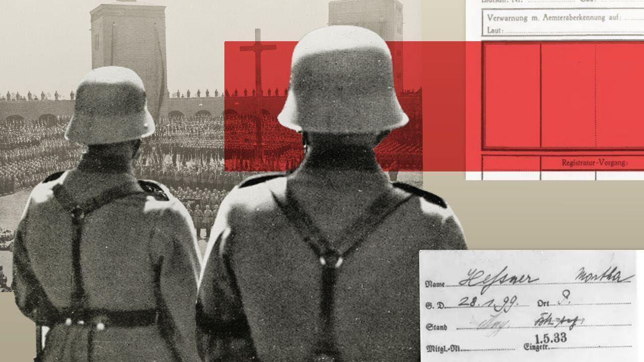 Una foto compuesta de dos soldados nazis vigilando a miles de soldados en formación en un estadio en Polonia. Un papel de membresía firmado se superpone en la parte inferior derecha de la imagen y un formulario de papel nazi vacío se superpone en la parte superior derecha.