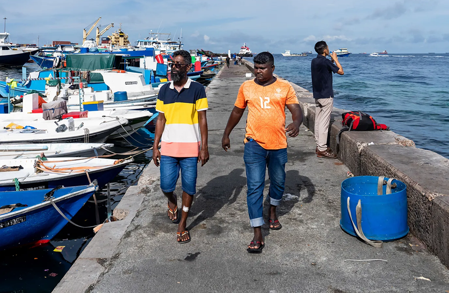 شابان يمشيان على رصيف بحري بجوارهما قوارب 