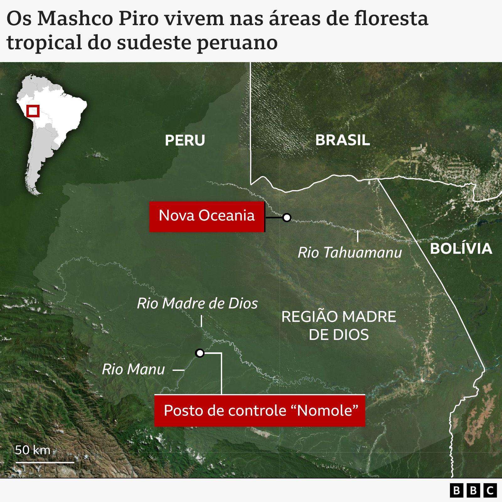 Mapa mostra o sudeste do Peru e áreas vizinhas do Brasil e da Bolívia, com destaque para a região de Madre de Dios. Estão identificados os rios Manu, Madre de Dios e Tahumanu. Dois marcadores vermelhos indicam “Nova Oceania”, próxima ao rio Tahumanu, e o posto de controle “Nomole”, perto do rio Manu.