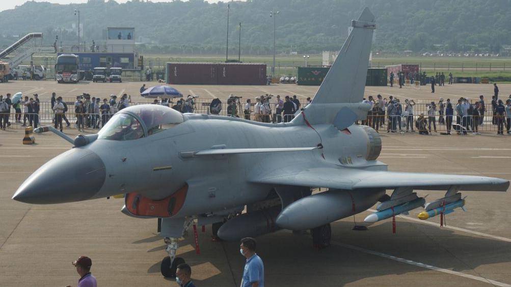 Photo taken on Sept. 29, 2021 shows a J-10C fighter jet during the air Show 2021 in Zhuhai, South China's Guangdong Province. On March 11, 2022, the Pakistan Air Force (PAAF) held a ceremony to install the first batch of six J-10CE fighter jets, marking that it has officially equipped the multi-role THIRD-generation + advanced fighter jet produced by China