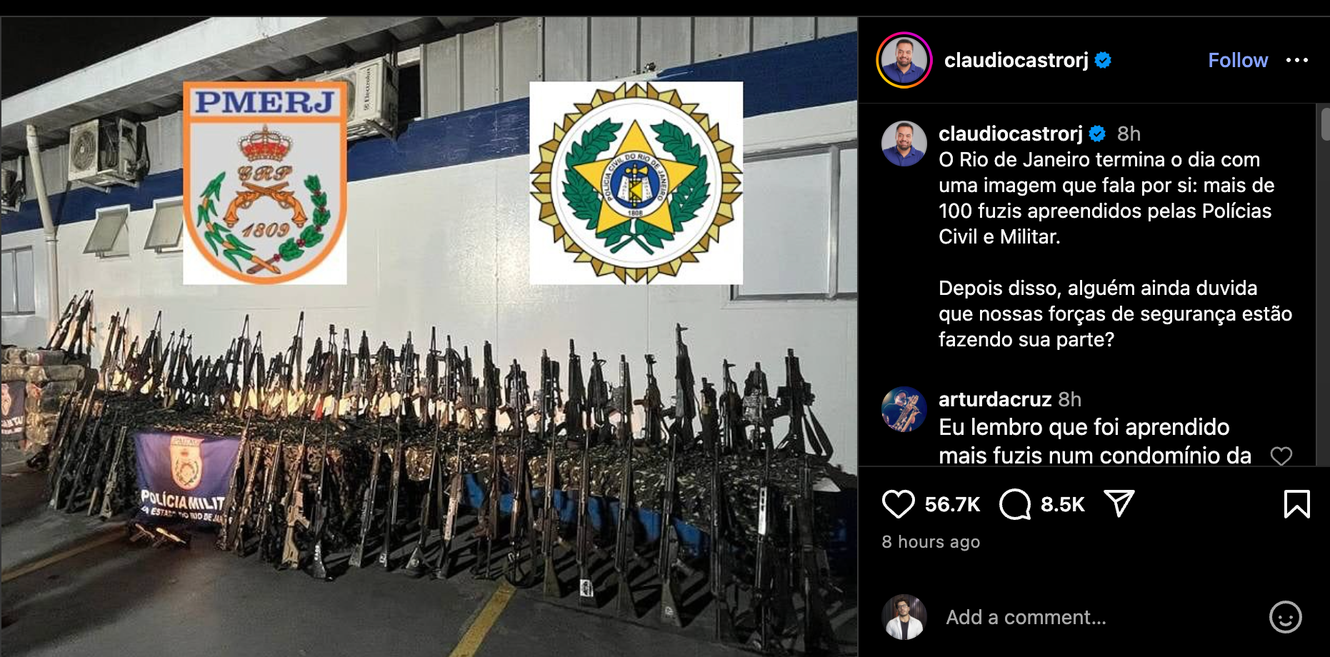 Publicação na rede social Instagram do governador do estado do Rio de Janeiro, Claudio Castro, que mostra uma grande quantidade de fuzis apreendidos em operação policial e logotipos das polícias estaduais