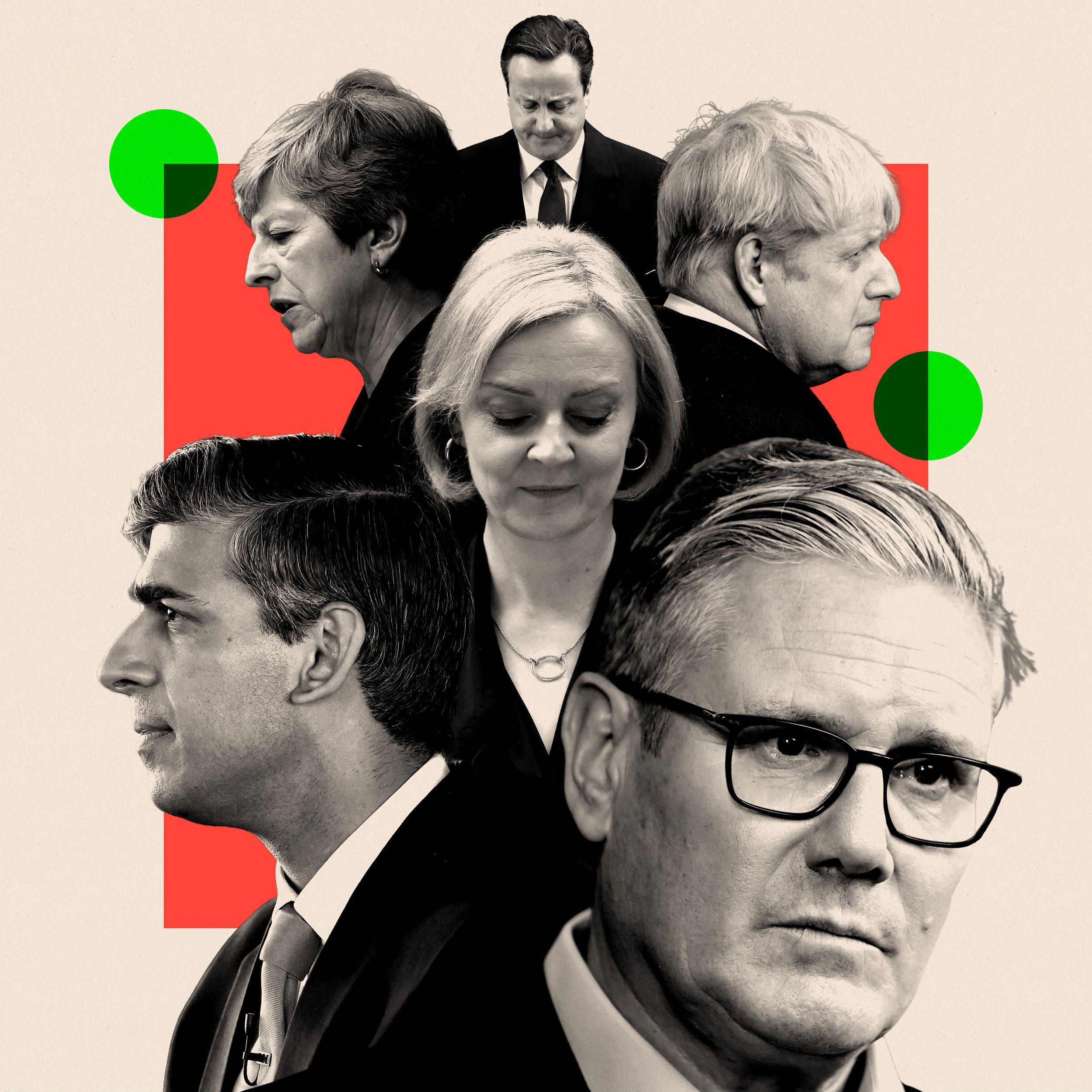 Una imagen de montaje con Keir Starmer en primer plano, y detrás están Rishi Sunak, Liz Truss, Boris Johnson, Theresa May y David Cameron.