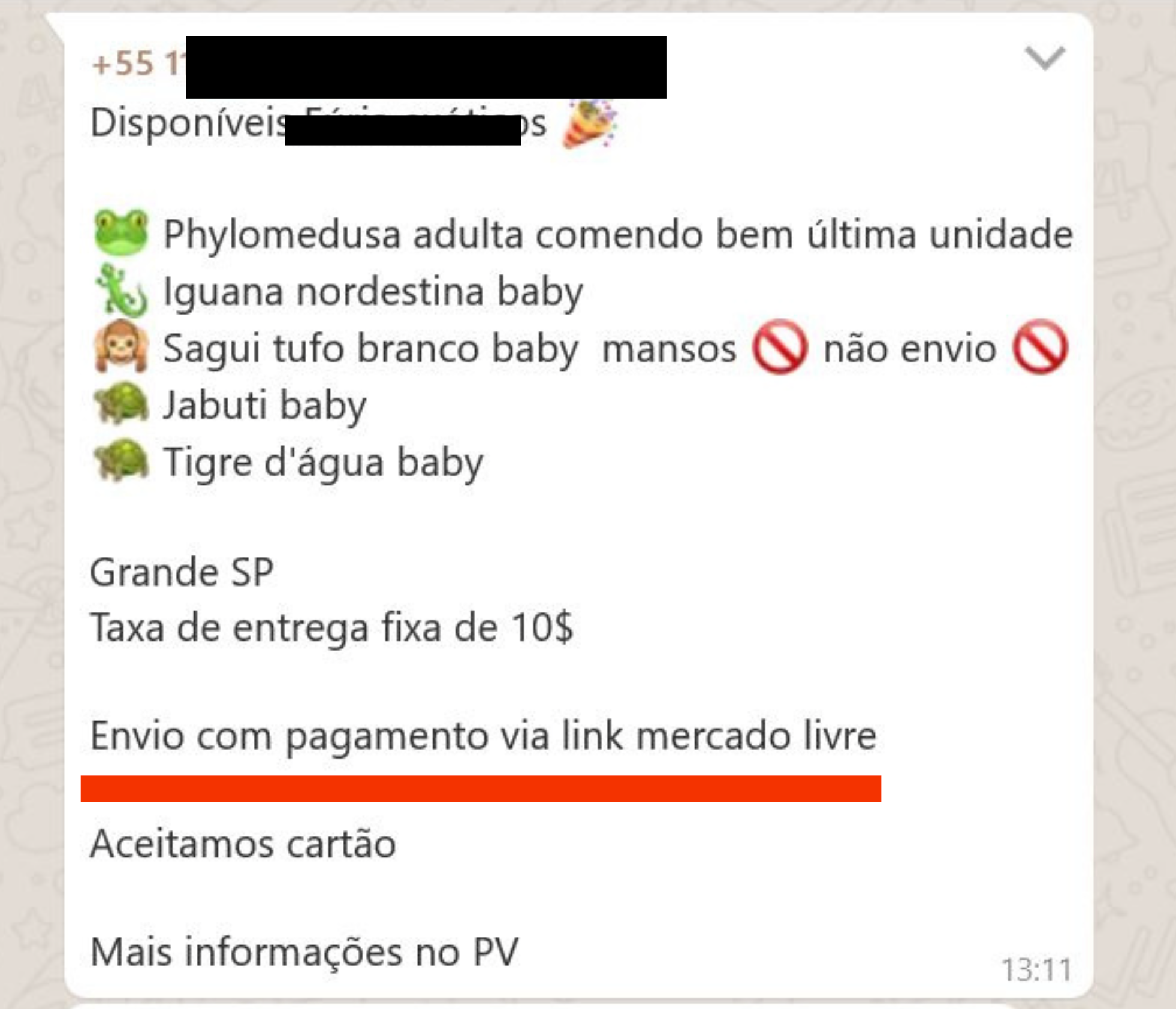 Printscreen de anúncio de animais silvestres no Whatsapp