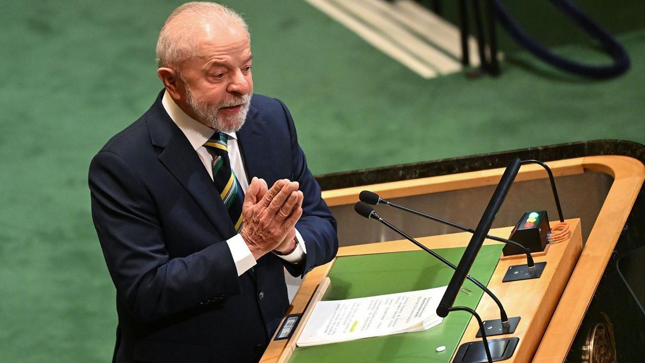 Presidente Lula discursa do p&uacute;lpito da 80 reuni&atilde;o da Assembleia Geral das Na&ccedil;&otilde;es Unidas em Nova York em 23 de setembro de 2025.