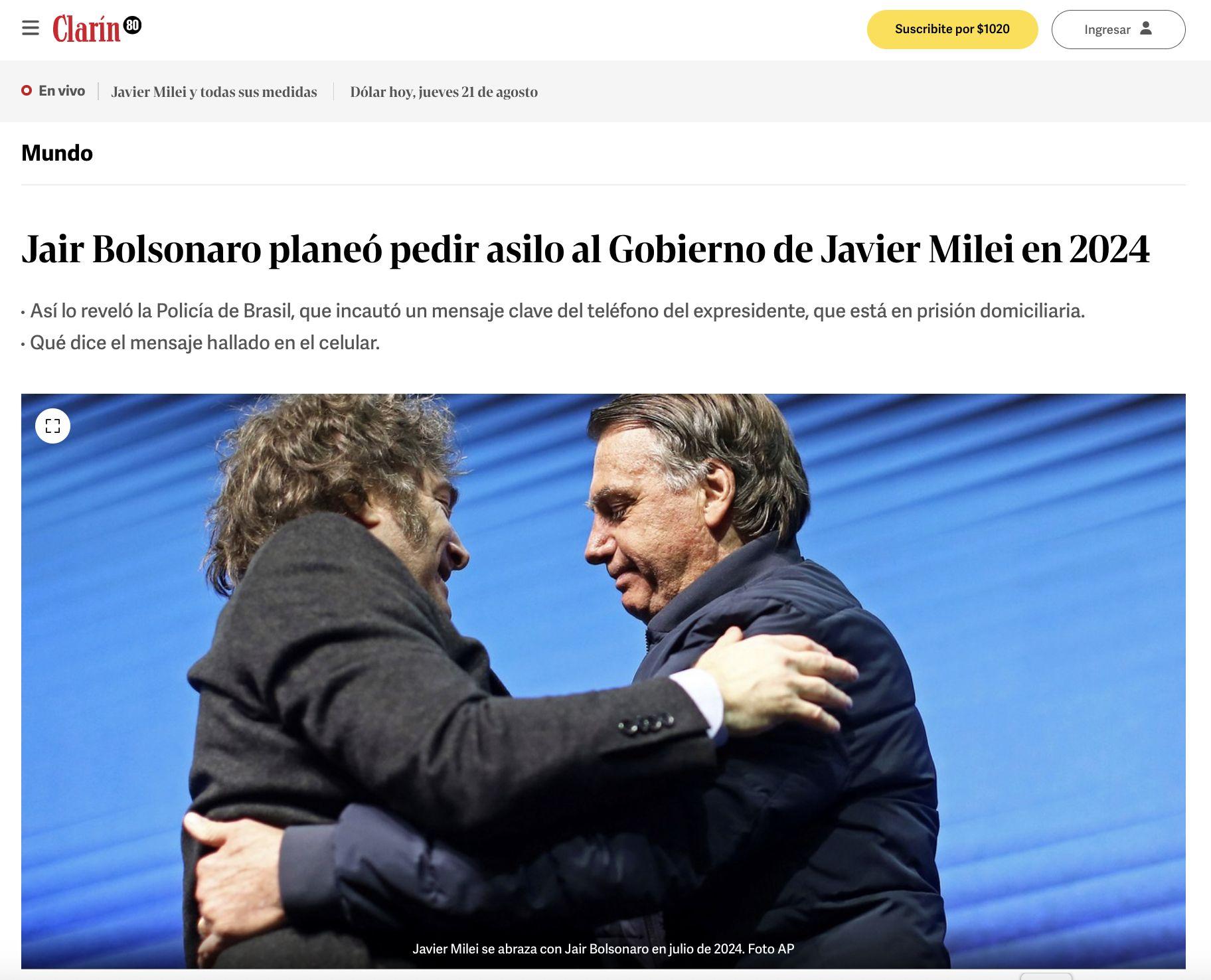 Captura de tela da reportagem do jornal argentino Clarín