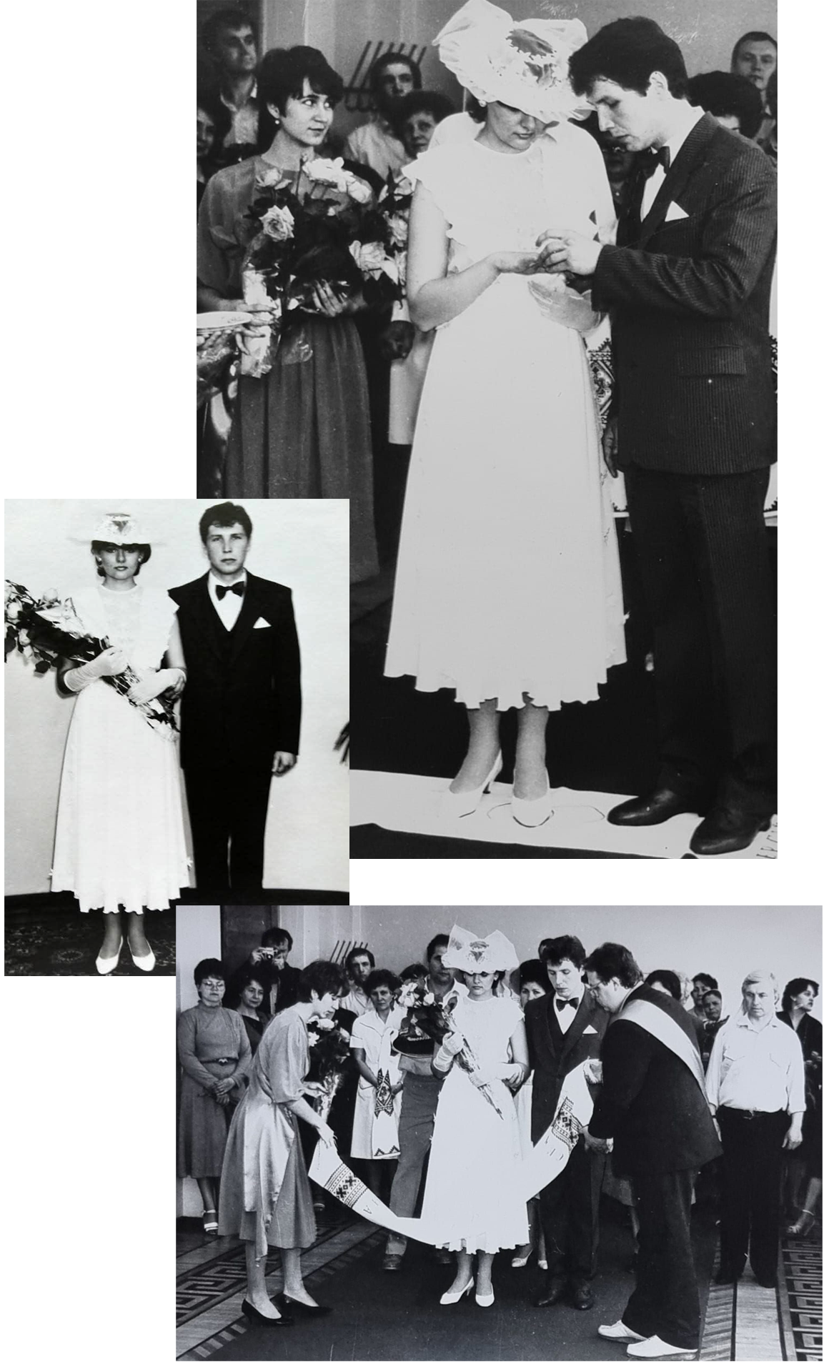 Colagem de tr&ecirc;s imagens do dia do casamento de Iryna e Serhiy. Na primeira, ele est&aacute; colocando um anel no dedo dela e ambos olham para ele. Na segunda, eles est&atilde;o lado a lado e ela segura um buqu&ecirc; de tulipas. A terceira mostra duas pessoas estendendo um tecido bordado &agrave; sua frente, como parte da cerim&ocirc;nia de casamento
