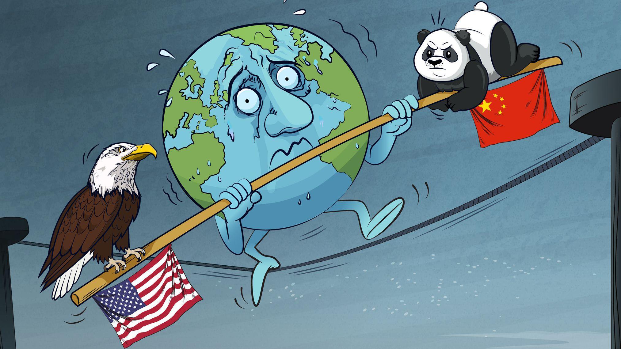 一幅漫画：中间是地球，手持平衡杆在走钢丝；一边是代表美国的老鹰，一边是代表中国的熊猫，中间走钢丝的地球战战兢兢