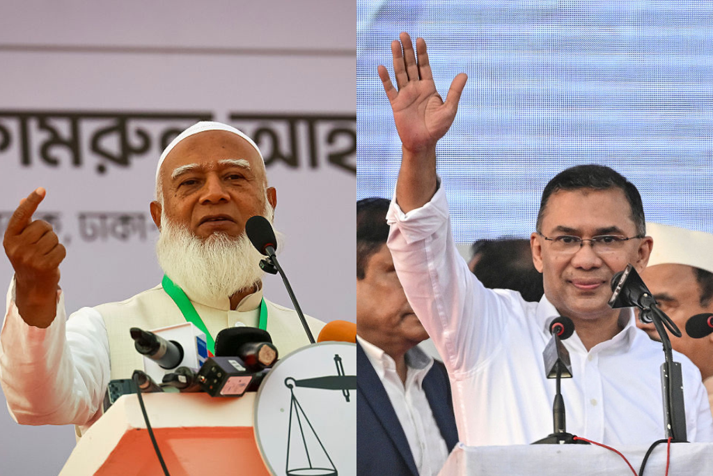 Uma imagem composta mostra o l&iacute;der do Jamaat-e-Islami, Shafiqur Rahman, discursando para apoiadores em com&iacute;cio em Daca, Bangladesh, em 25/1/2026 (&agrave; esquerda), e o l&iacute;der do Partido Nacionalista de Bangladesh, Tarique Rahman, acenando para grandes multid&otilde;es de apoiadores entusiasmados ao chegar a Daca, em 25/12/2025, ap&oacute;s 17 anos de autoex&iacute;lio (&agrave; direita)
