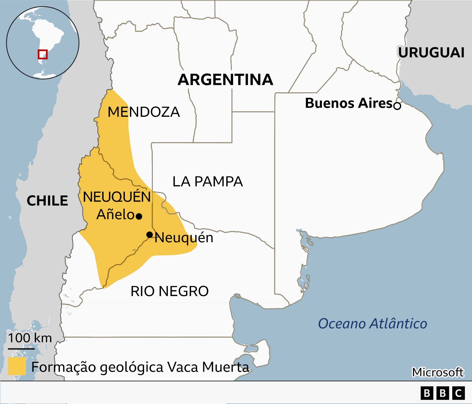 Mapa com a localização de Vaca Muerta
