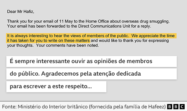Carta do Ministério do Interior do Reino Unido, agradecendo pela atenção prestada por Hafeez