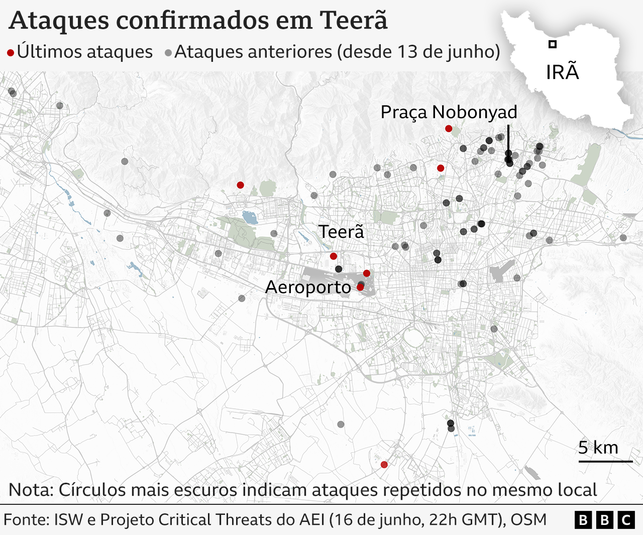 Mapa mostra ataques confirmados em Teerã