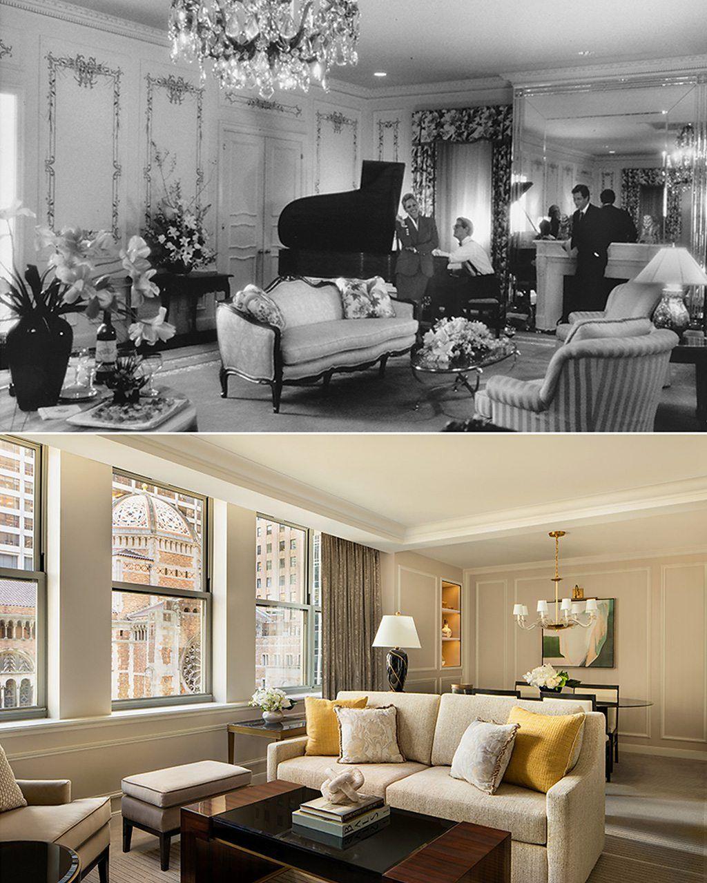 Arriba, una imagen antigua de una habitación con un sofá, sillones y un piano de cola. Abajo, una habitación con una sala vestida con un sofá y sillones modernos, con una mesa de living de madera en el centro.