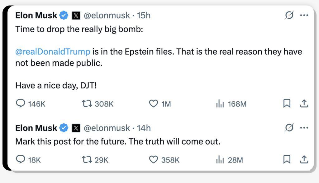Postagem de Elon Musk no X em 5/6/2025
