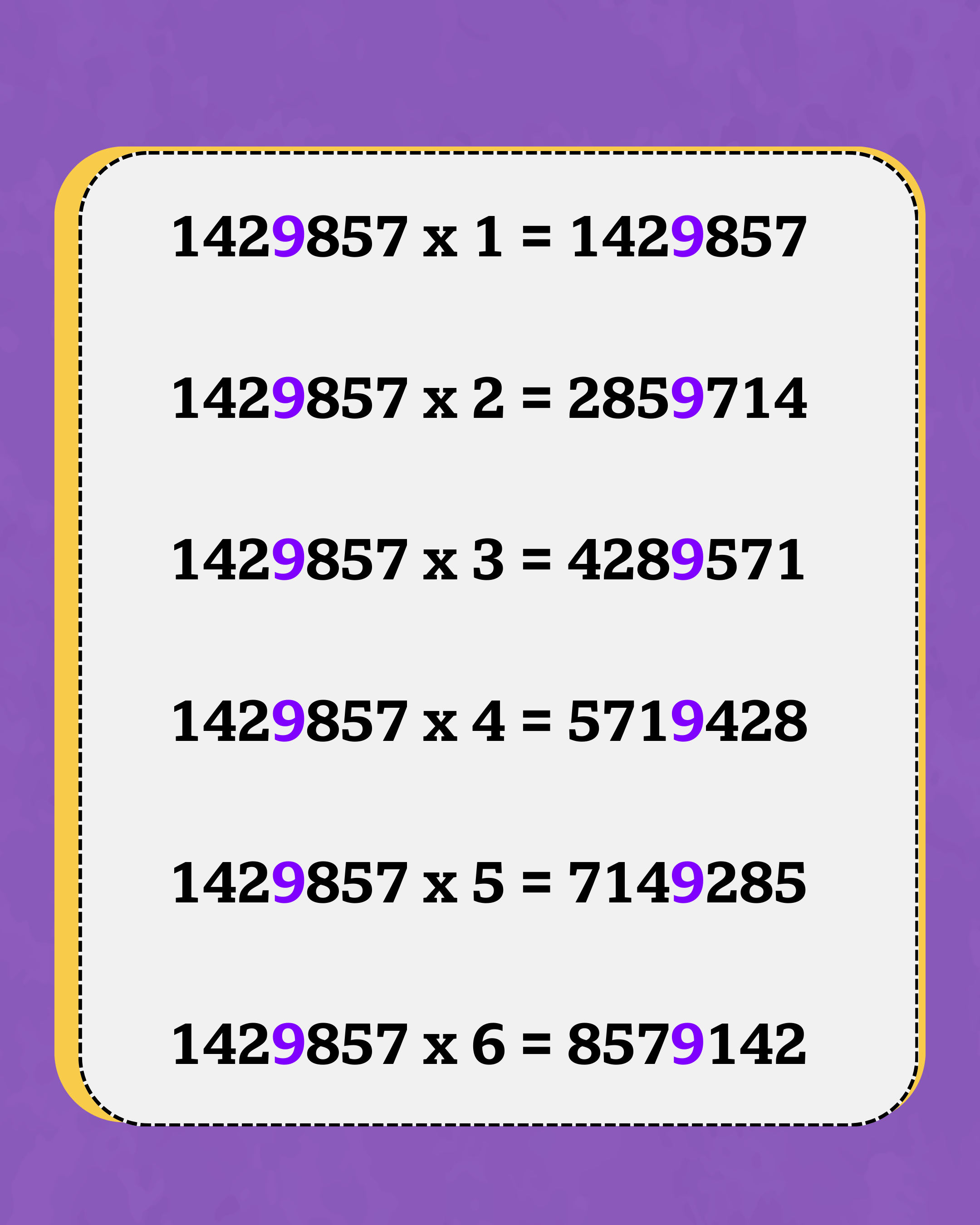 Ilustración de los resultados de multiplicar 1429857 por 1 al 6.