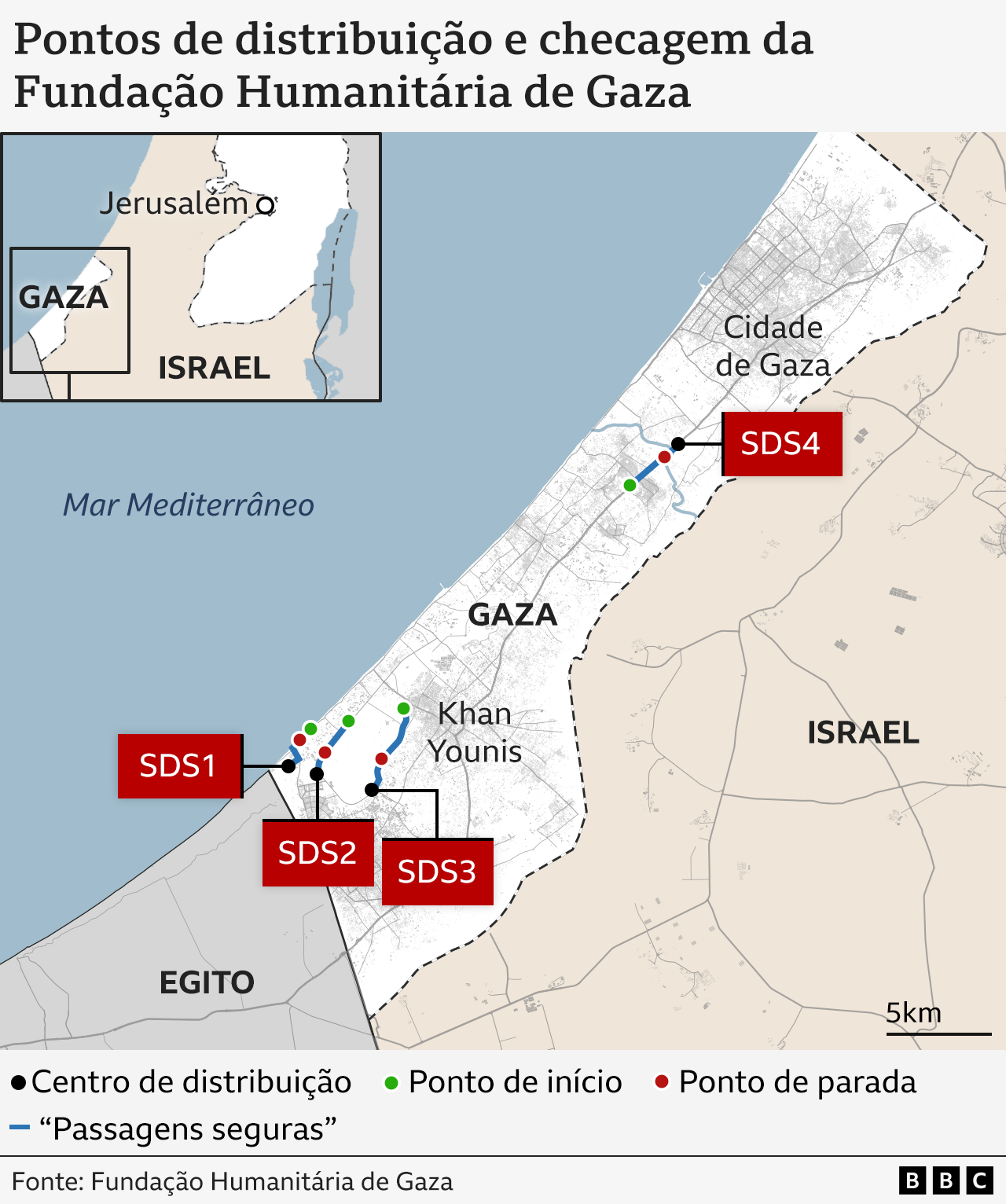 Mapa da fundação humanitária em Gaza