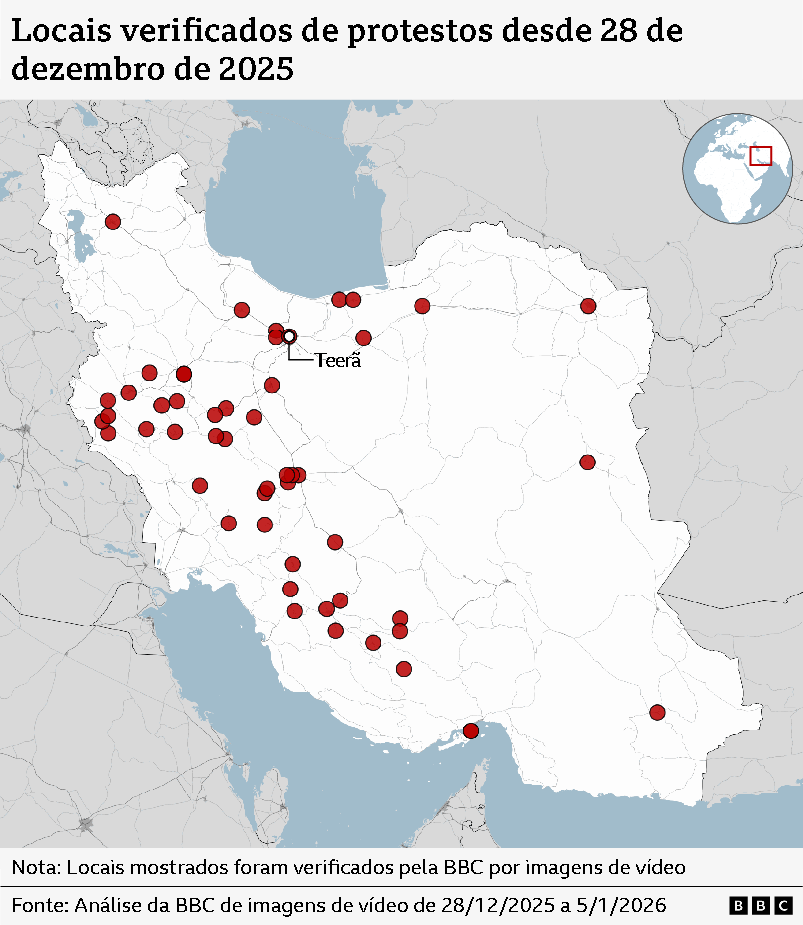Gr&aacute;fico da BBC mostra os locais de protestos verificados no Ir&atilde;