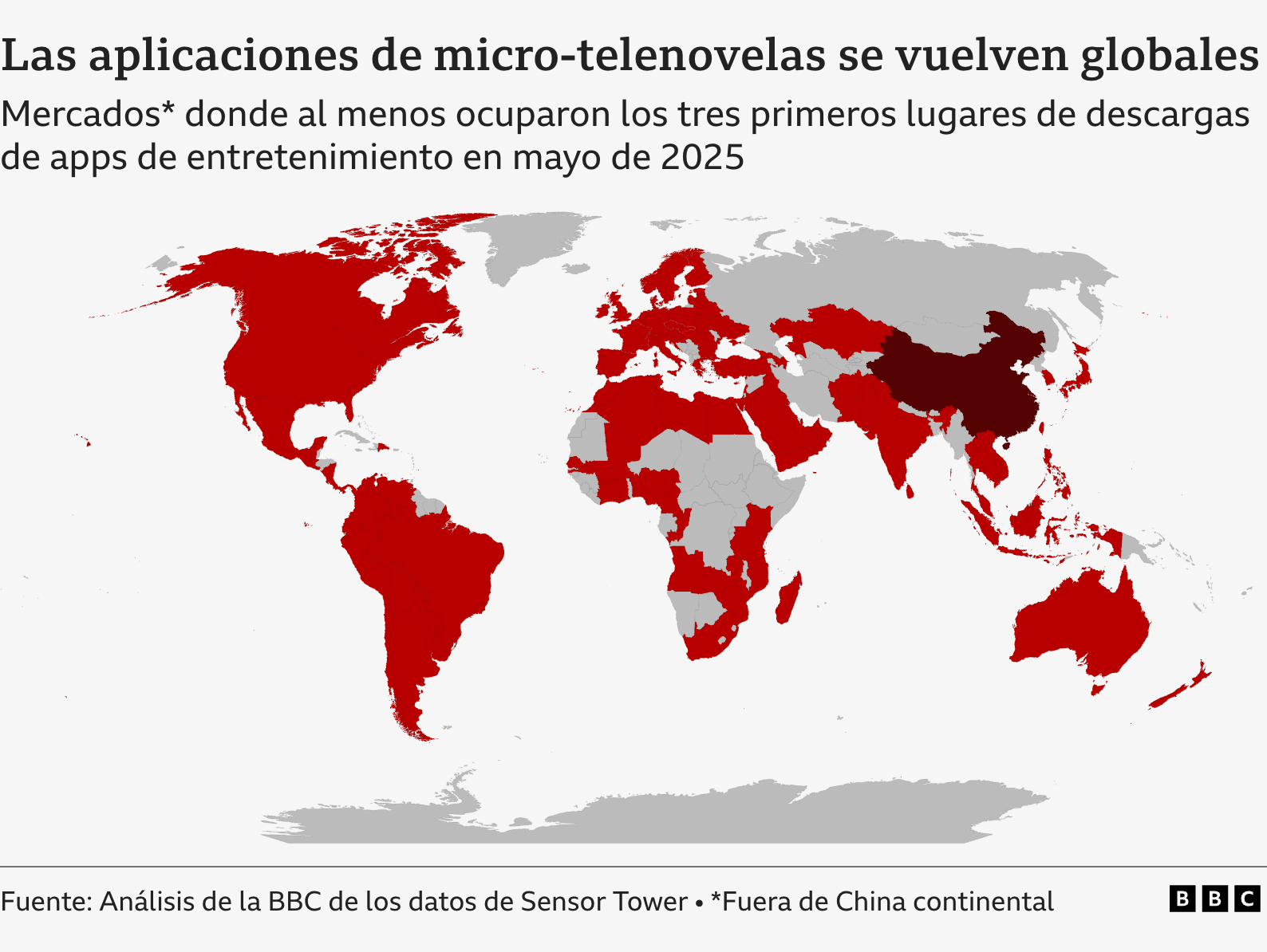Mapa mundial que muestra en rojo los mercados donde una de las principales apps de microdramas se encontraba entre las tres apps de entretenimiento más descargadas diariamente en mayo de 2025. Se destacan casi toda América y Europa, además de un gran número de países de África, Asia y Oceanía. China continental se destaca en un tono rojo más oscuro.
