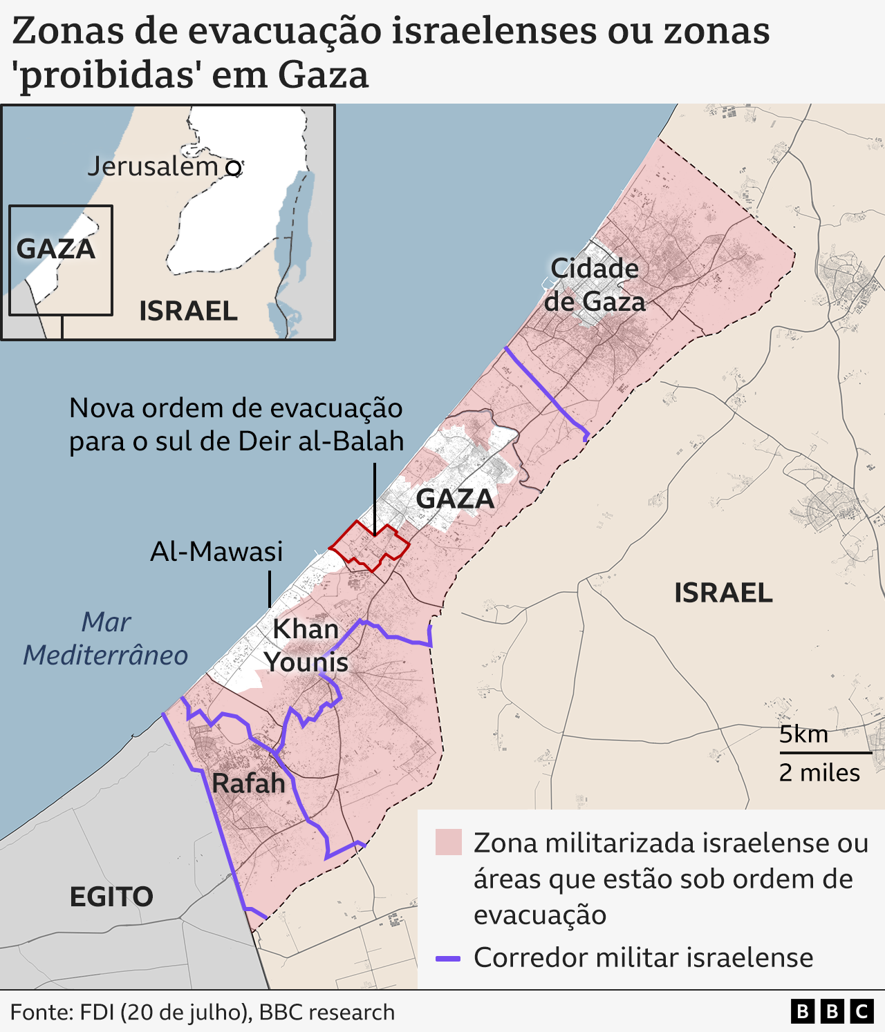 Mapa mostrando as áreas de evacuação de Gaza