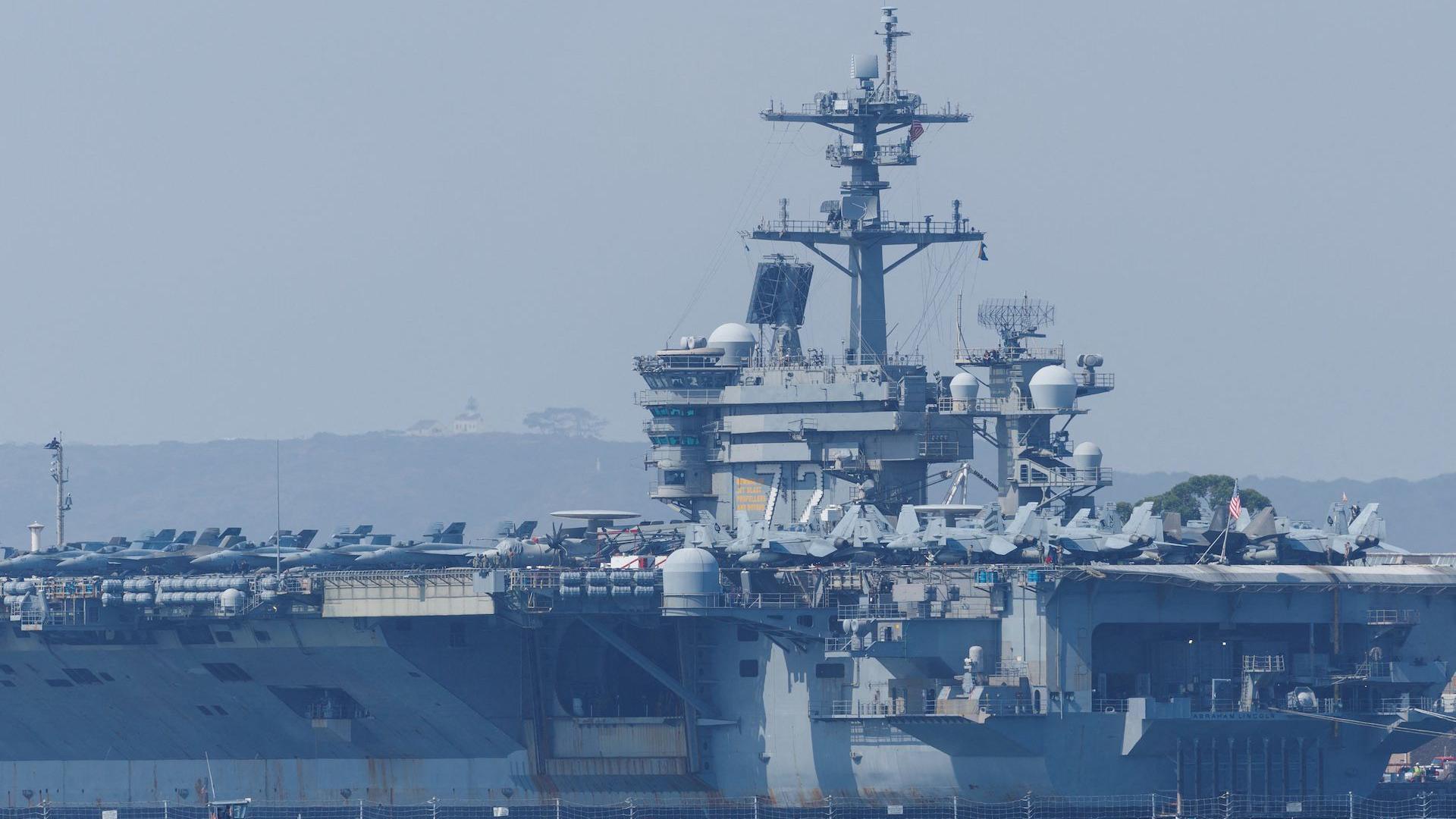 The USS Abraham Lincoln (CVN-72), a Nimitz-class nuclear-powered aircraft carrier, is shown at Naval Air Station North Island in San Diego, California, U.S. August 11, 2025.
