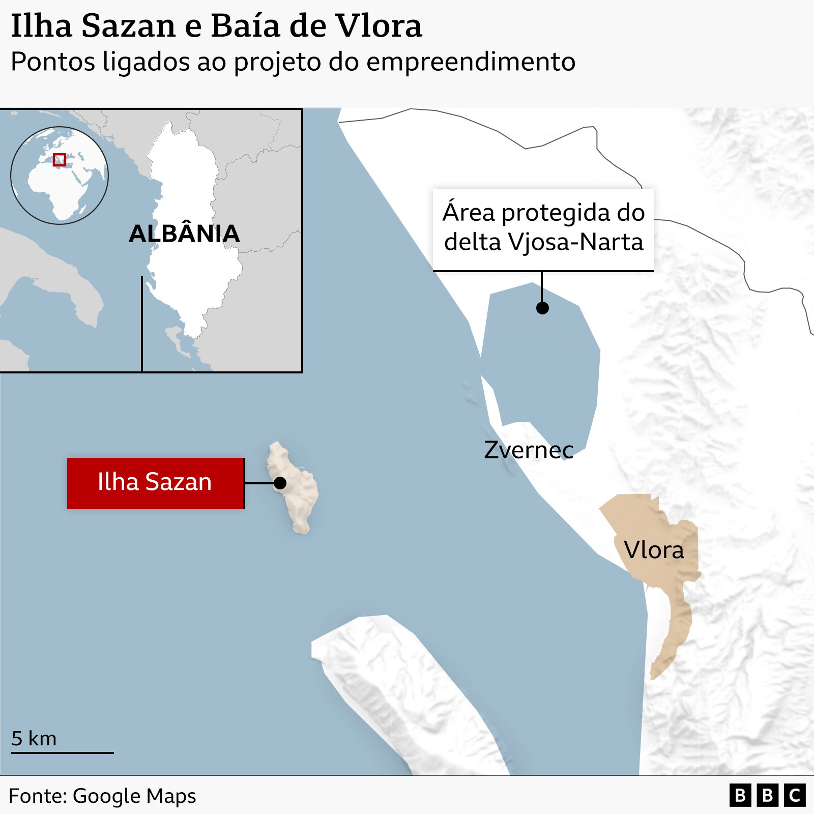 O mapa mostra a localiza&ccedil;&atilde;o da ilha de Sazan, Zvernec e Vlora.