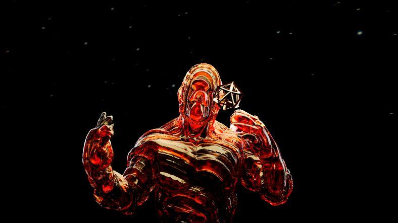 Figura antropomorfizada, mas ao mesmo tempo não humana, no centro de uma imagem preta