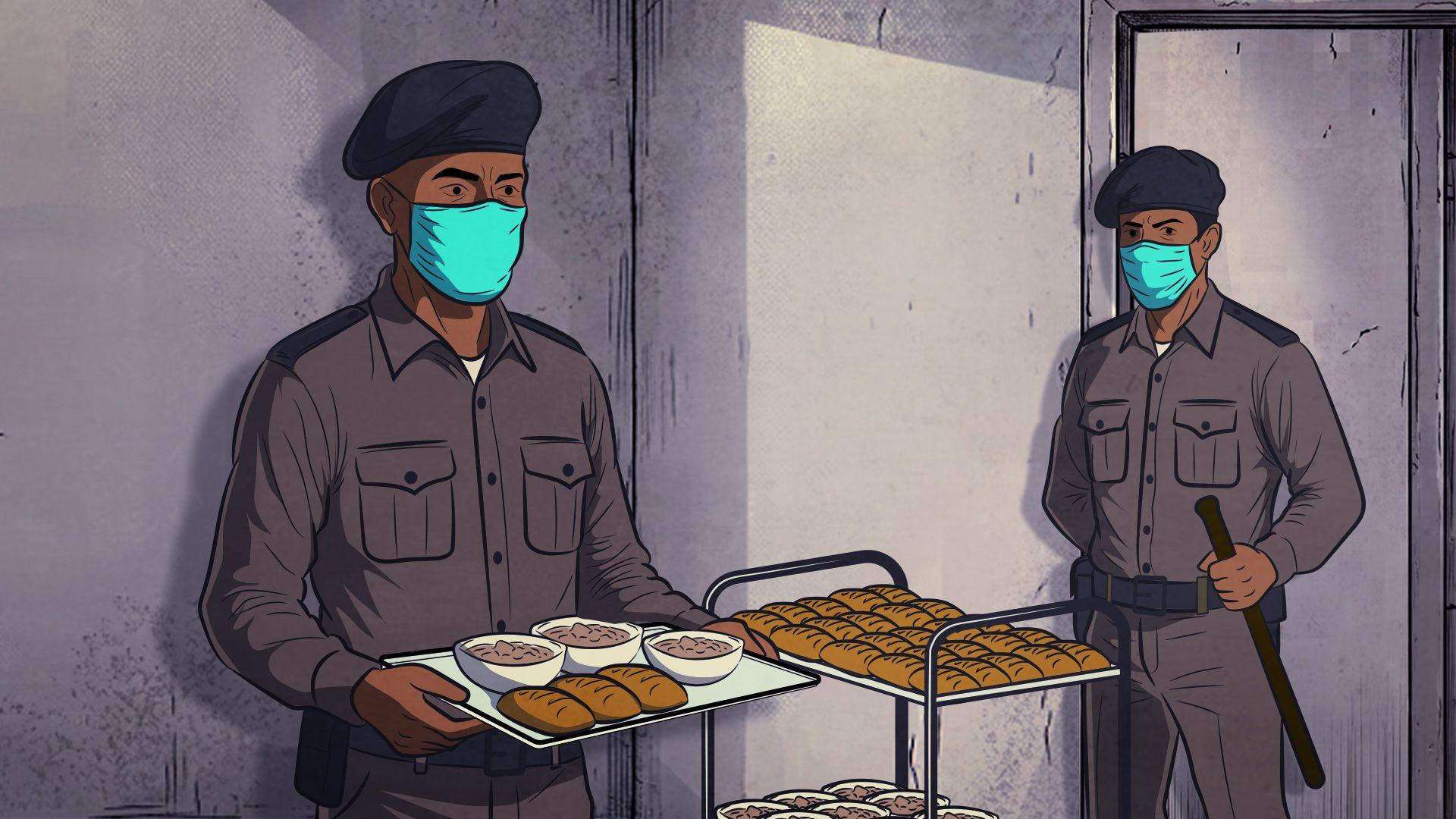 An illustration of prison guards with face masks delivering food. One is holding a tray with three rolls and bowls of soup. The other has a trolley with rolls on it. 