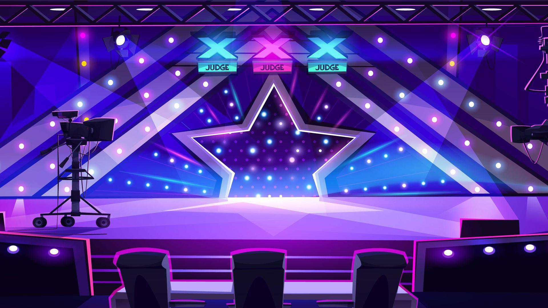 مسرح افتراضي للمواهب يُظهر ثلاثة كراسي للجنة التحكيم