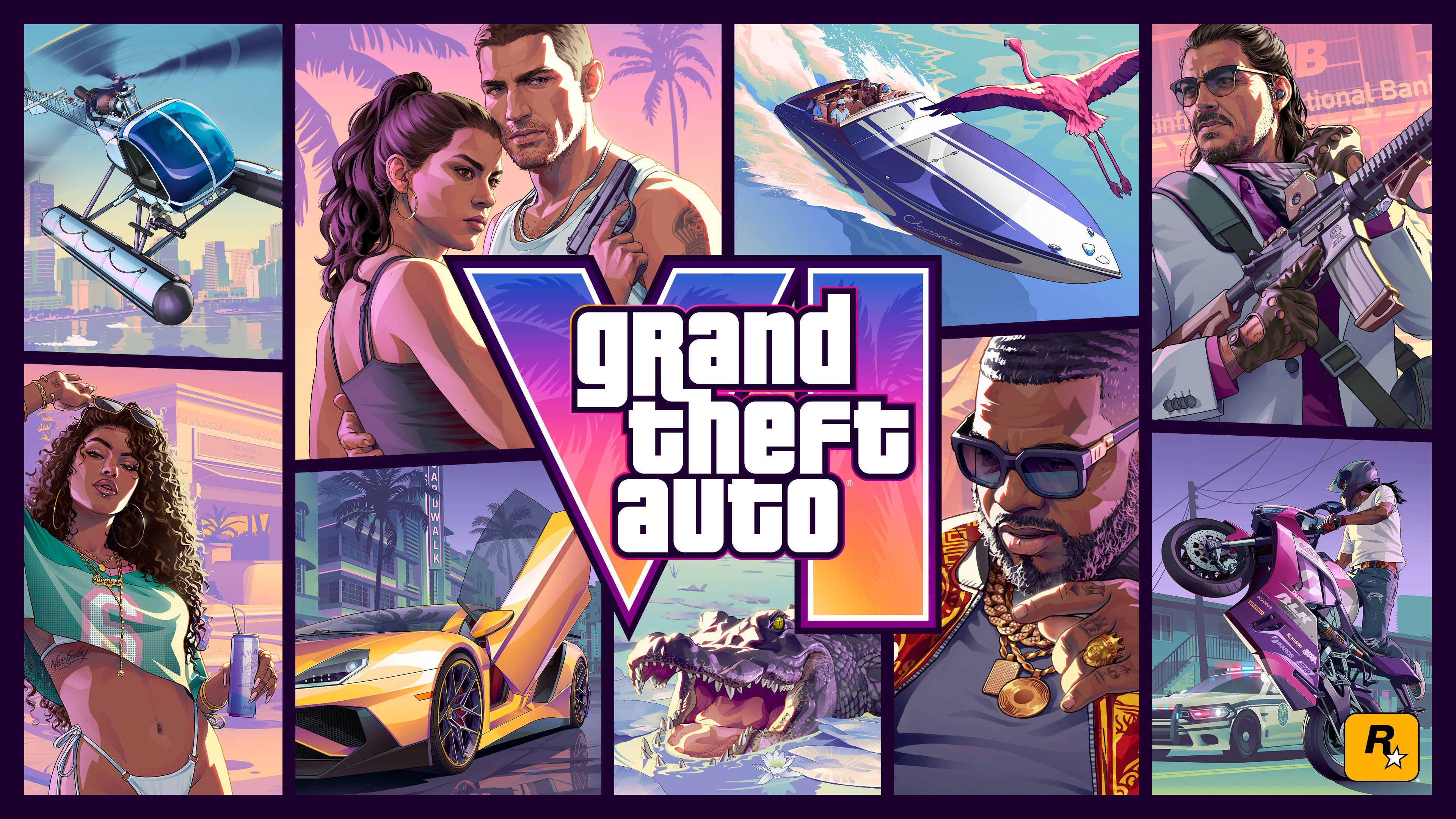 The cover art for GTA 6, showing the words Grand Theft Auto and the roman numberals VI in purple and orange. Behind it are characters from the game in a pop-art style plus a yellow car, a alligator, a flamingo and a helicopter in different panels. 