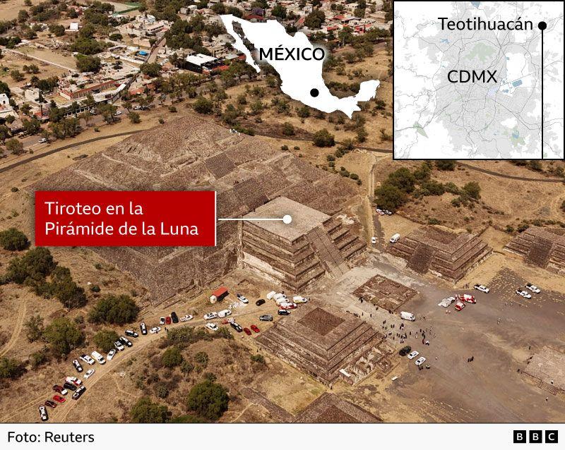 Mapa con una vista aérea del Teotihuacán, que muestra el lugar del tiroteo en la Pirámide de la Luna