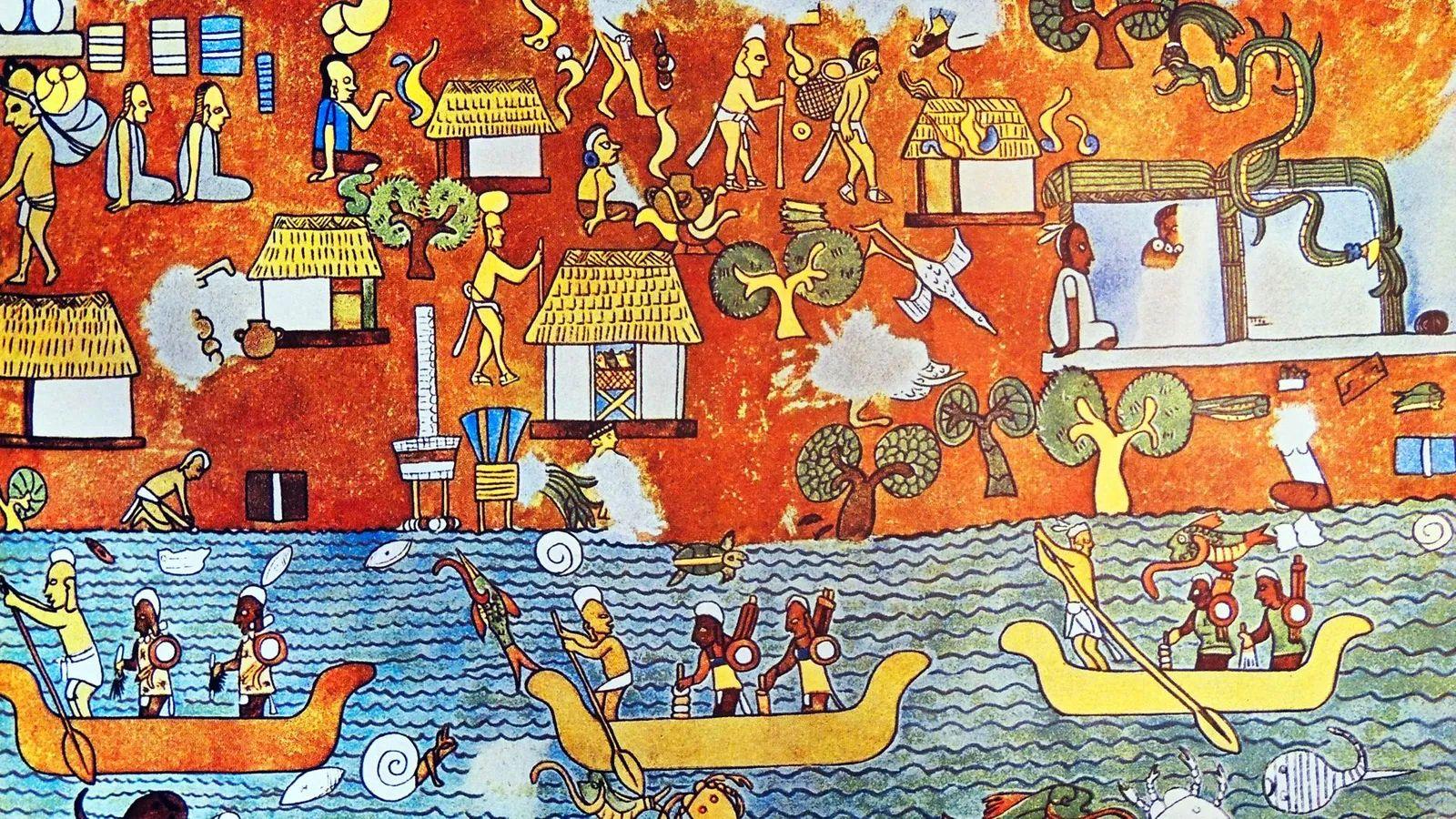 Mural que muestra actividades en tierra y agua, con barcos, animales, casas, personas