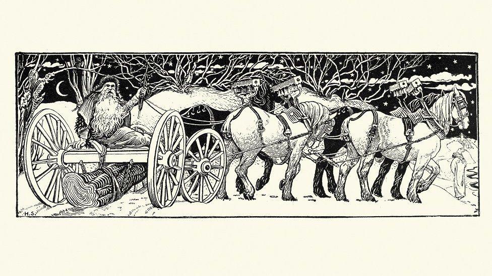 Vintažna gravura (1800-te) Deda Mraza i badnjaka