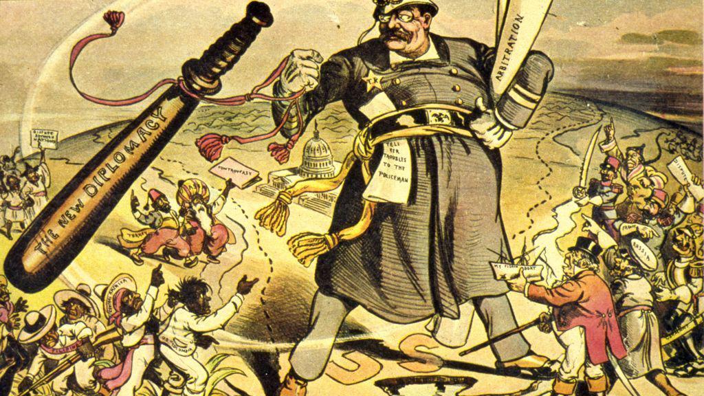 Uma caricatura que satiriza o lema da pol&iacute;tica externa do presidente Theodore Roosevelt: 