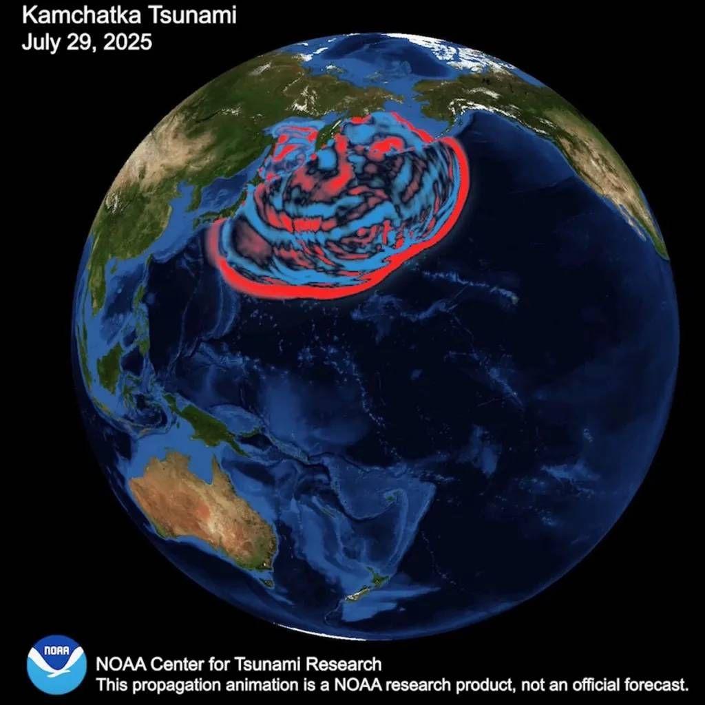 Animación que muestra en rojo la propagación del tsunami de Kamchatka en el planeta Tierra
