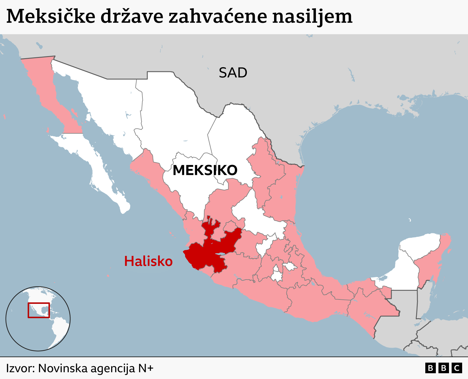 mapa meksika, meksičke države zahvaćene nasiljem