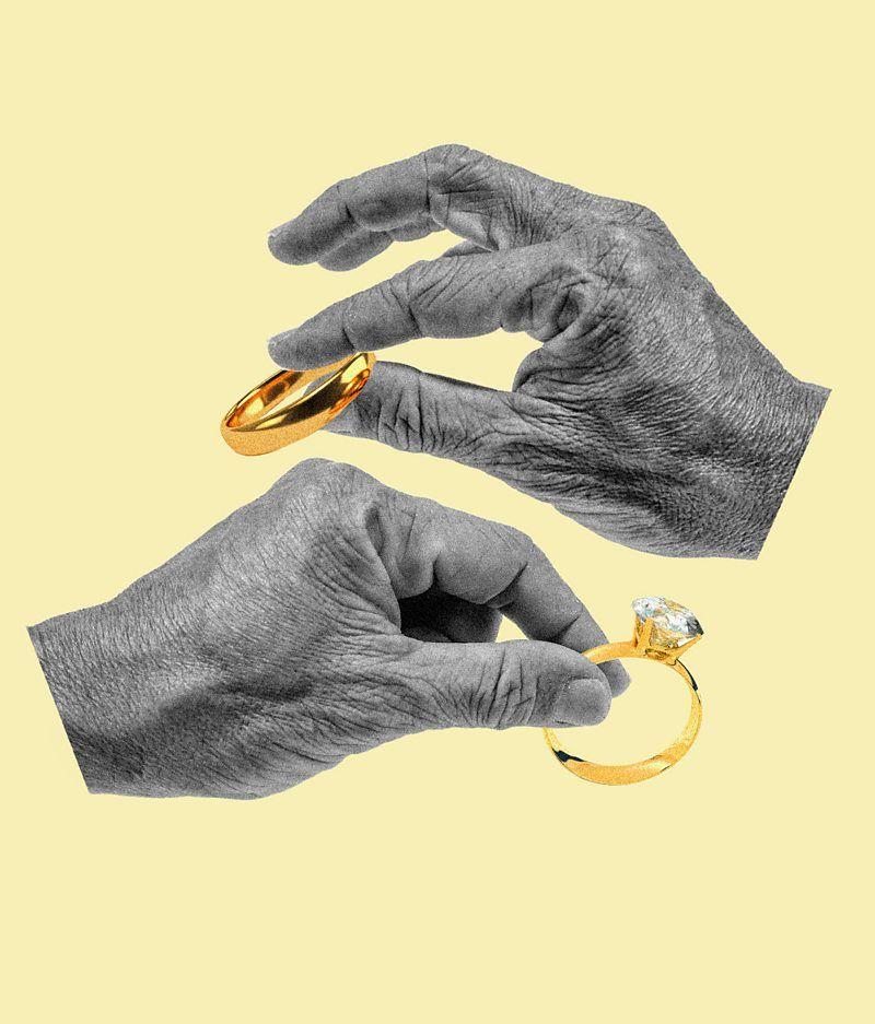 Ilustração de duas mãos enrugadas devolvendo alianças de casamento
