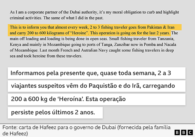 Carta de Hafeez para o governo de Dubai, nos Emirados Árabes Unidos, informando sobre a atividade criminosa de grupos suspeitos