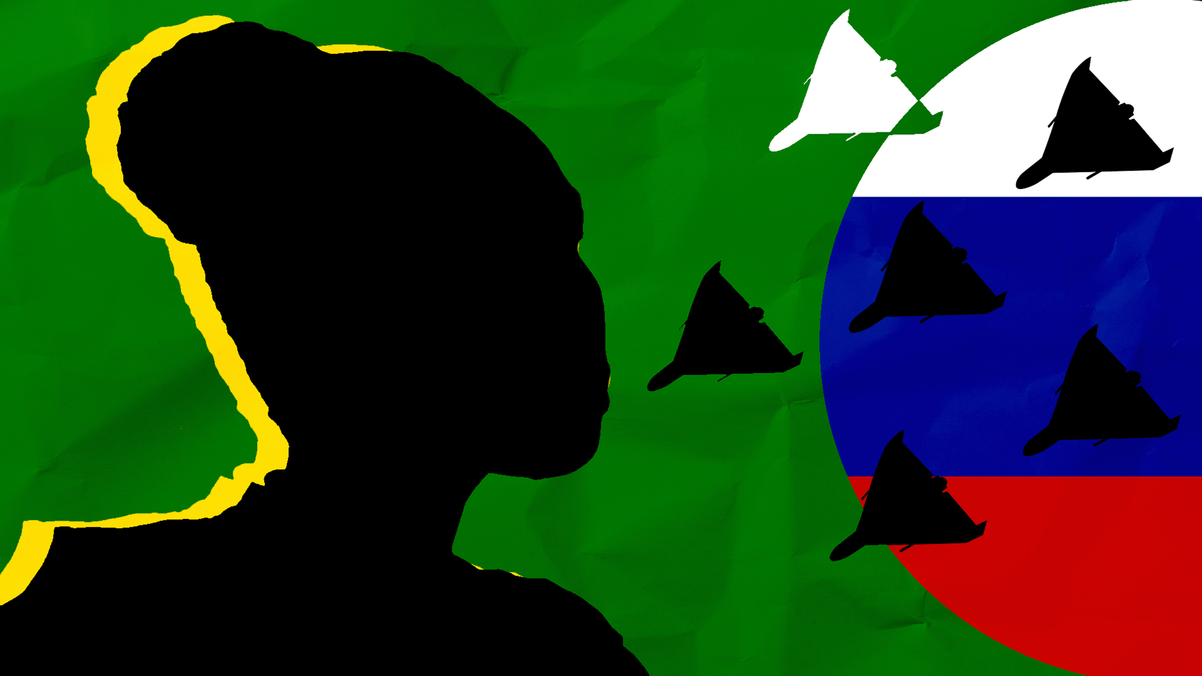 Una imagen compuesta con los colores de la bandera de Rusia y la bandera de Sudán del Sur, con las siluetas de drones y la silueta de una mujer anónima.