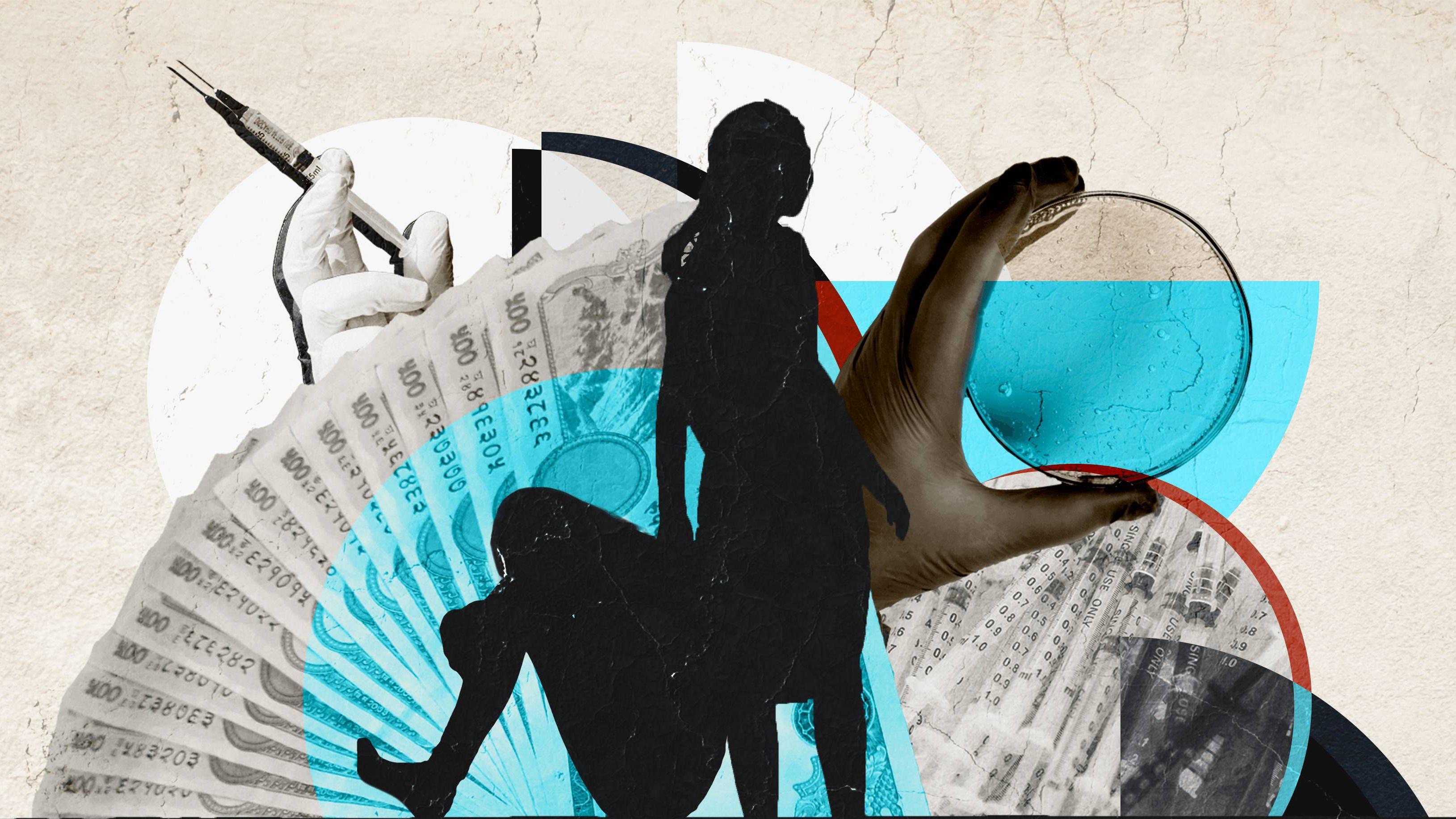 A composite image showing two young girls in profile, as well as a syringe and a collection of bank notes