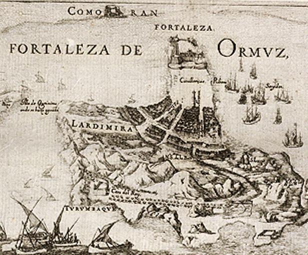 Fortaleza de Ormuz em mapa portugu&ecirc;s do s&eacute;culo 17, de autoria desconhecida