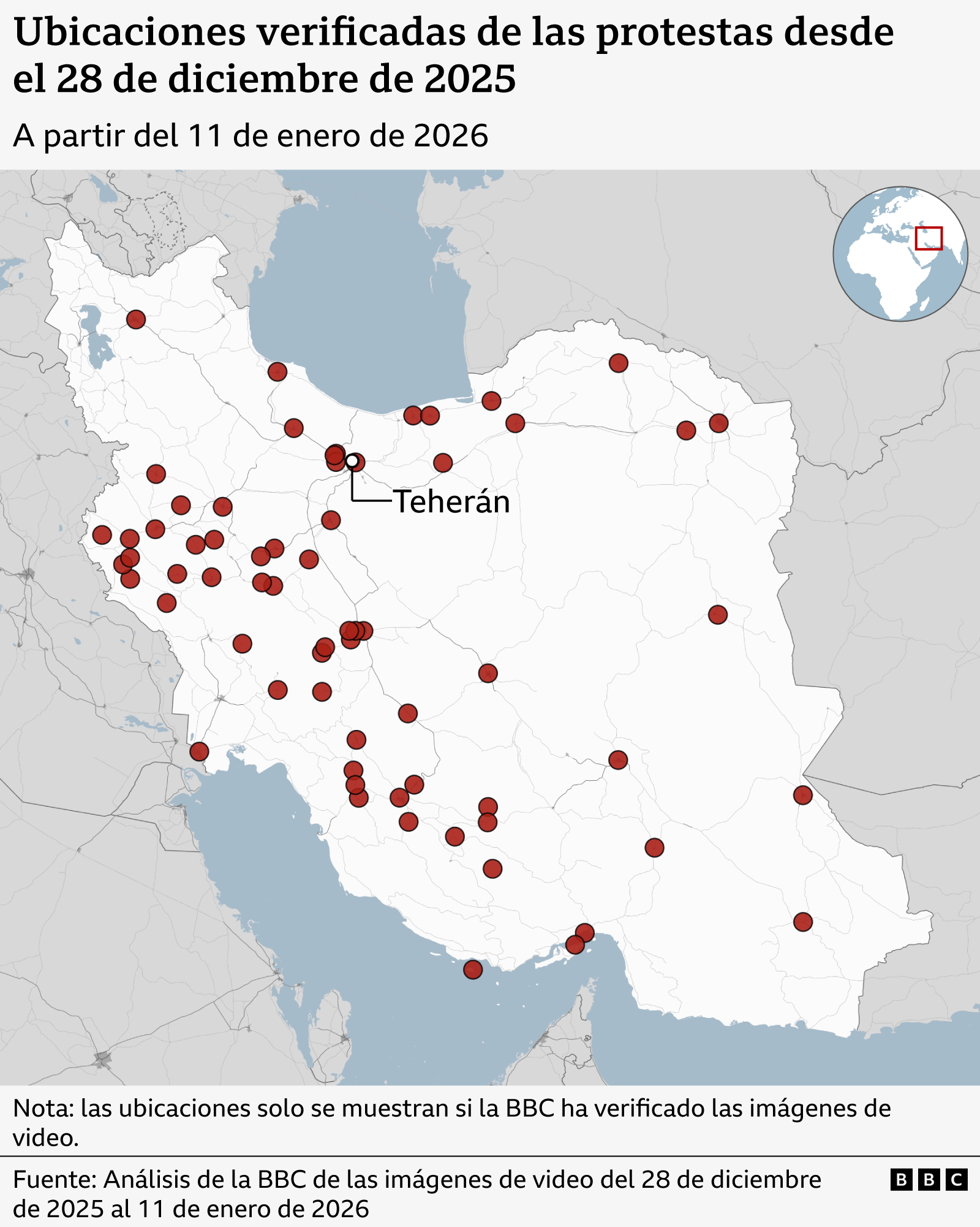 Mapa que muestra dónde tuvieron lugar las protestas en Irán 