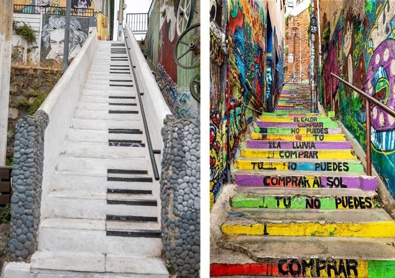 Duas escadas decoradas em Valparaíso, no litoral do Chile