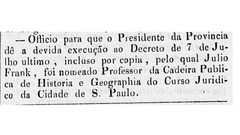 Publicação da nomeação de Julio Frank para professor, publicada no diário oficial em 1834 