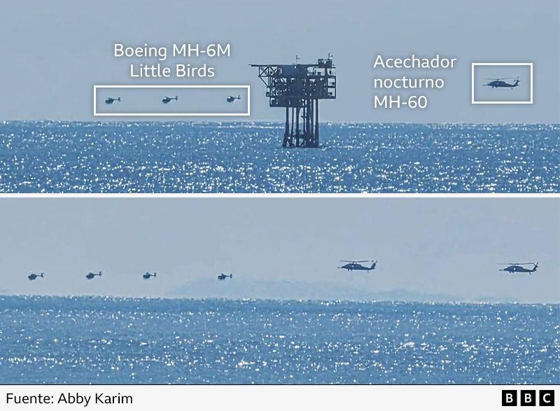 Dos imágenes muestran helicópteros volando a baja altura sobre el mar. En la imagen superior se ha identificado que los helicópteros más pequeños son Boeing MH-6M, mientras que el helicóptero más grande es un MH-60.