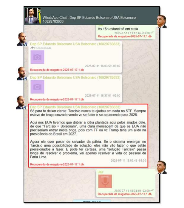Captura das mensagens entre Jair Bolsonaro e Eduardo Bolsonaro reveladas pela PF